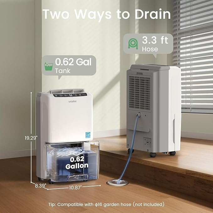 Waykar 2000 Sq. Ft 34 Pints 2025 Most Efficient Energy Star Dehumidifier for Home and Basement with Auto or Manual Drainage, Quiet 33dB Operation, 0.62 Gallon Water Tank Capacity