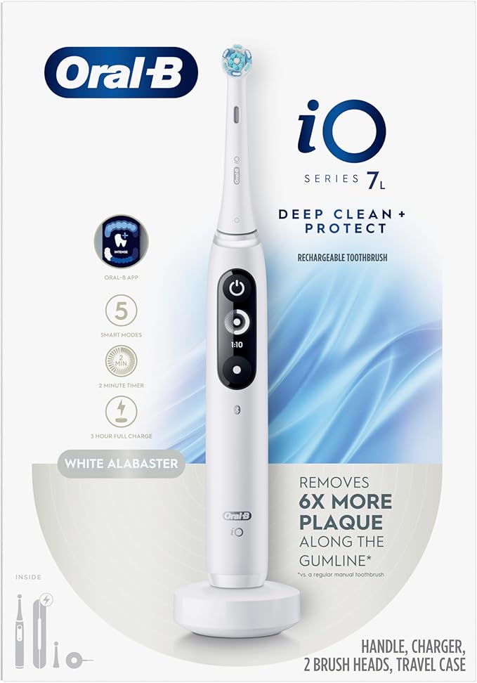 Oral-B Rechargeable Electric Toothbrush, iO7 Limited Deep Clean + Protect, 5 Cleaning Modes, Interactive Display, Visible Pressure Sensor, 2 Brush Heads, Charging Travel Case, White