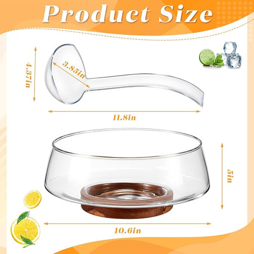 1.2 Gallon Glass Punch Bowl Set with Ladle, Clear Glass | Acacia Wood Base, Smooth Glass Finish, Elegant Centerpiece, Ideal for Holiday, Wedding, Parties & Gatherings