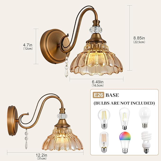1 Piece Vintage Wall Sconce, 1-Light Matte Antique Brass Finish Wall Sconce with Hanging Crystal Accents and Flower-Shaped Amber Shades for Bathroom Bedroom Living Room,Vintage Vanity Light