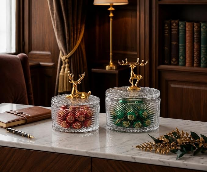 Glass Sugar Bowl Set of 2 with Gold Metal Deer Lid Handle | Diamond-Cut Texture, Small & Large Sizes, Clear Glass Body, Lidded Storage Jars, Decorative Deer Figurine