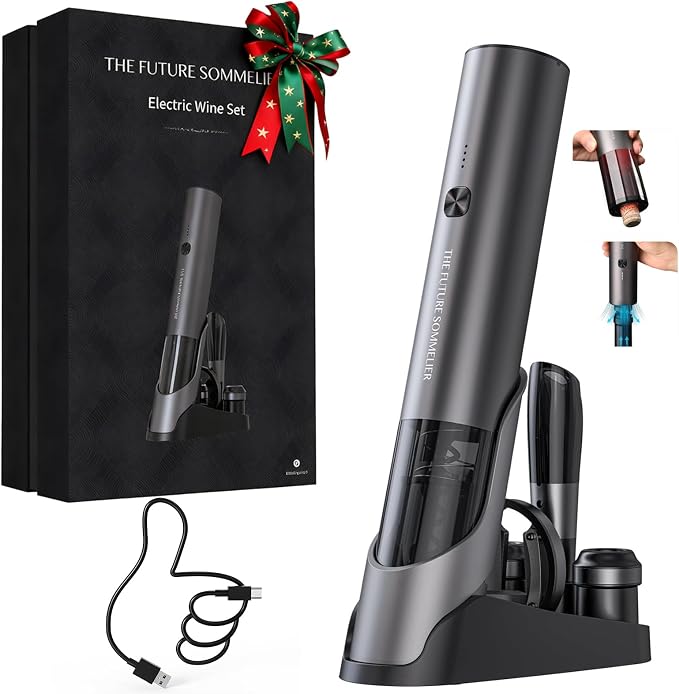 CIRCLE JOY Rechargeable Electric Wine Bottle Opener Set 7-in-1 Aluminum Alloy Wine Gift Set with 2-in-1 Electric Corkscrew & Vacuum Pump, Foil Cutter, Wine Pourer, Charging Base and 2 Wine Stoppers