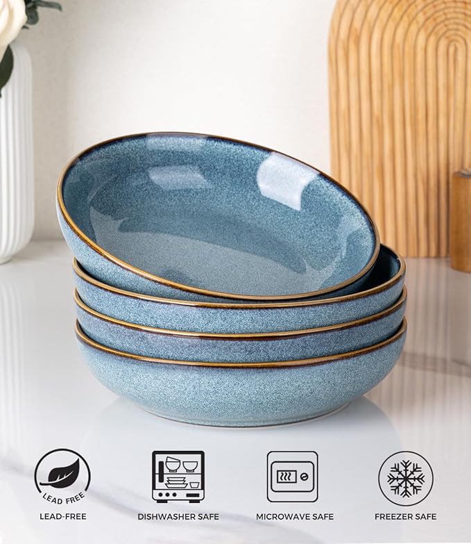 AmorArc 8.5'' Large Ceramic Pasta Bowls, 36oz Stoneware Pasta Serving Bowls Set of 4 for Kitchen, Wide Bowls for Pasta,Salad,Oatmeal, Microwave Safe, Reactive Glaze-Blue