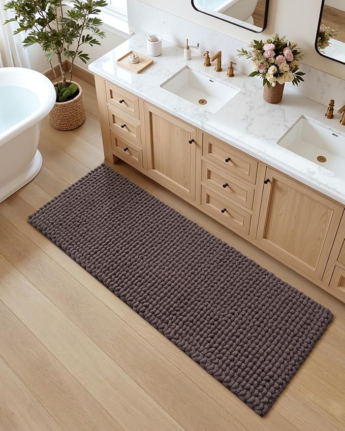 DEXI Bathroom Runner Rugs 60x24, Non Slip Washable Long Bath Mat, Luxury Chenille Super Absorbent Ultra Thick Bathmats for Shower Floor, Plush Fluffy Shaggy Carpet for Tub, Purplish Grey