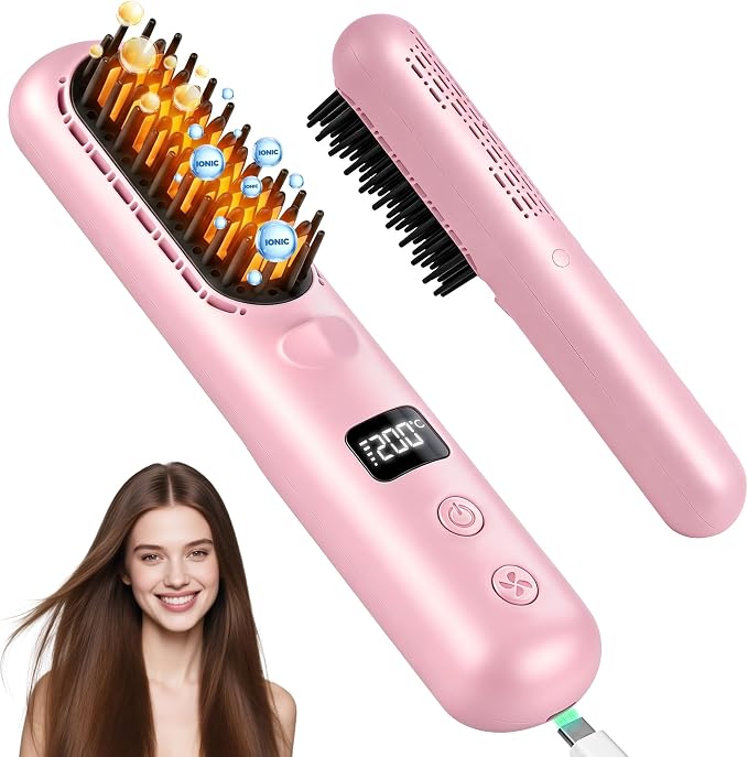 Go Brush Pro 2026, Cordless Hair Straightener Brush, Mini Hair Straightener with 3 Temperature Settings, Portable Hair Straightener Brush with MCH Heating and Ionic & Ceramic Care for Women (Pink)