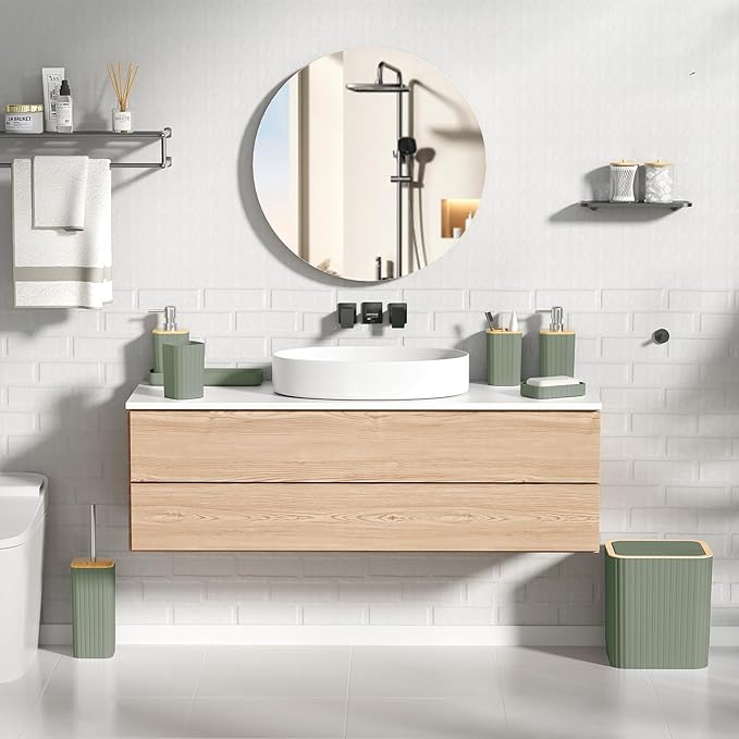XLHOMO Bathroom Accessories Set - Elegant Sage Green Bathroom Set, 10PC Bathroom Accessory Set, Toilet Brush, Trash Can, Qtip Holder Dispenser & Soap Dispenser