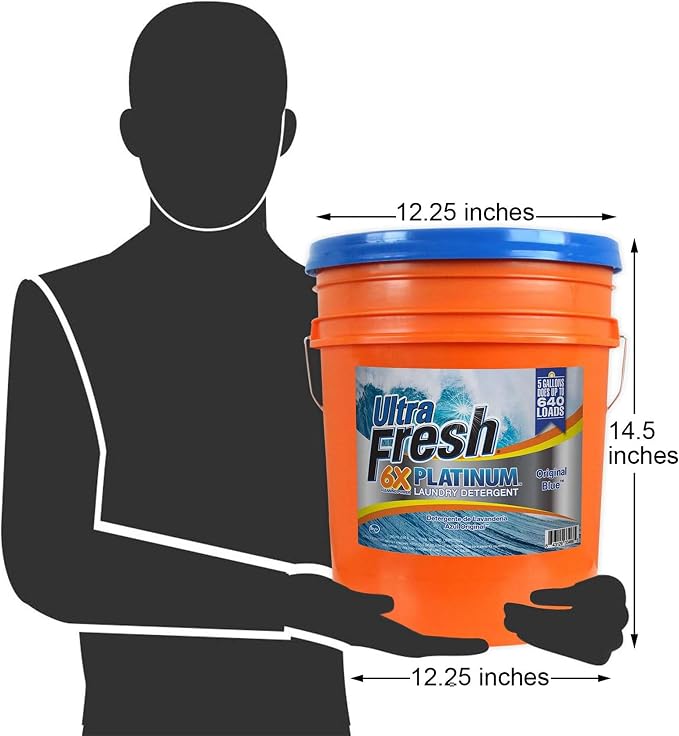 Ultra Fresh 6X Platinum Laundry Detergent, 5 Gallon, Bundled with Spring Fresh Fabric Softener and Pump, Up to 640 Loads, Orange/Blue