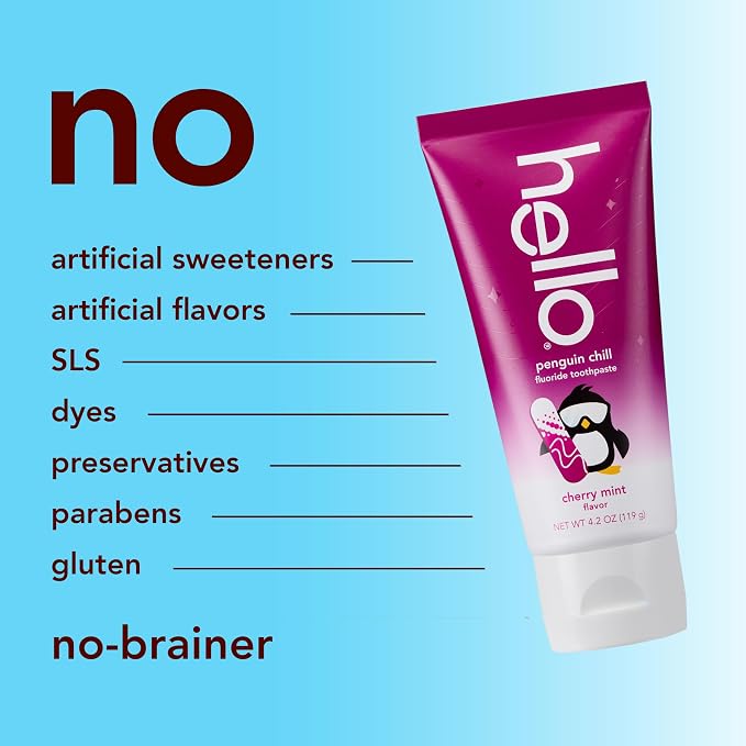 Hello Penguin Chill Kids Toothpaste with Fluoride, Kids Mint Toothpaste with Cherry Flavor, Freshens Breath and Helps Prevent Cavities, Strengthens Enamel, SLS Free, 4.2 oz Tube (Pack of 3) | Freshens Breath, Prevents Cavities, Strengthens Enamel, Tast...