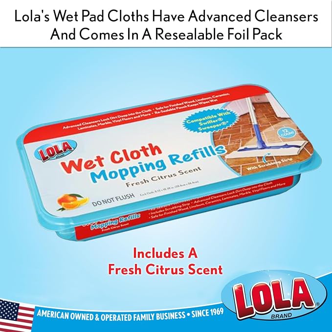LOLA Wet Mopping Pad Refills, 72 Pack, Swiffer Sweeper Compatible w/ Scrubbing Strip, Fresh Citrus Scent