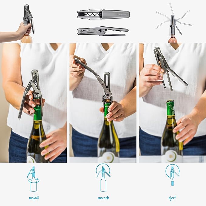 Dreamfarm Winopen Automatic Wine Corkscrew Bottle Opener | Pocket-sized, space-saving and easy to use stainless steel natural and synthetic cork remover with built-in foil cutter