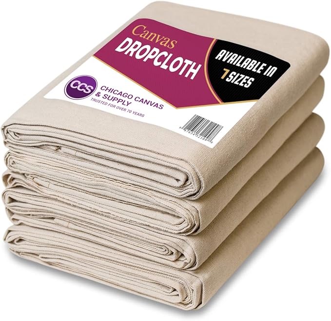 CCS Canvas Drop Cloth for Painting – All Purpose Cotton Duck Cloth Tarp for Curtains, Tablecloths, Backdrops – Washable & Reusable Floor Cover & Dust Sheet for Furniture (12-Pc, 4x12 Ft)