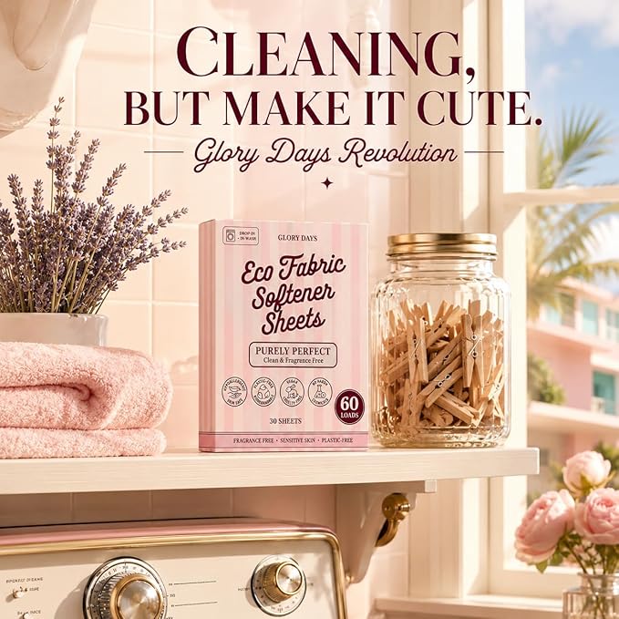 Glory Days Fabric Softener Sheets for Washer — Replaces Liquid Softener, Hypoallergenic, Fragrance Free, Sensitive Skin Safe, Plastic-Free, 60 Loads