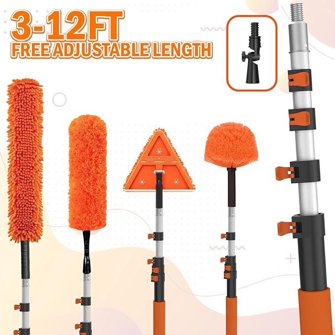 LAANPOLE 20FT Reach Dusters for Cleaning, Ceiling Fan Cleaner Duster with Extension Pole, Wall and Baseboard Cleaner Mop with Handle for Window Cobweb Fan Blade and High Ceiling