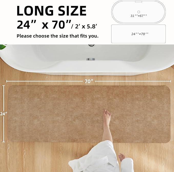 TYUU Bathroom Mat Quick Dry, Bathroom Rugs Non Slip Washable Thin Absorbent Bath Mat Fits Under Door Bathroom Floor Mat Perfect for Bath, Shower, or Sink 24"x70" Camel