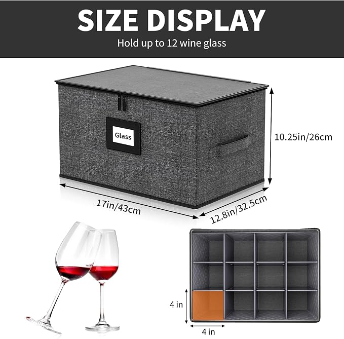 2-Pack Wine Glass Storage Box with Dividers, Hard Shell Stemware Storage | Holds 24 Crystal Glasses & Drinkware, Quilted, Dual Zippers, Reinforced Handles, Stackable, Moving and Seasonal Storage, Grey