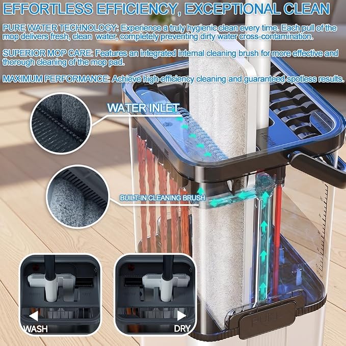 Mop and Bucket Set, Clean Water Separation Floor Dust Flat Mop | Includes 4 microfiber pads for cleaning hardwood, tile, marble and laminate floors. Features a visual clean water tank