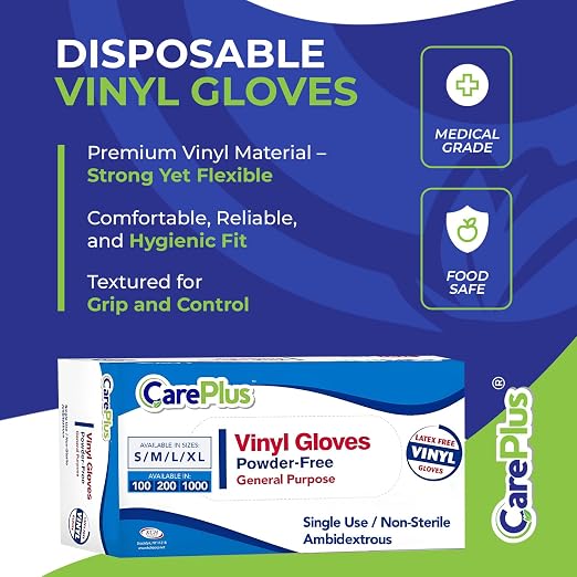 CARE PLUS Vinyl Gloves Clear Small Size 200 Count | Heavy Duty, Non-Sterile, Powder-Free, Latex-Free Rubber | Food Prep, Kitchen & Cleaning Gloves, Ideal for Professional Use