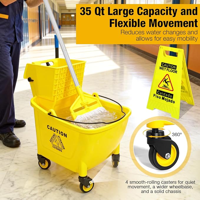 35Qt Commercial Mop Bucket with Side Press Wringer on Wheels Yellow | Including Wet Floor Caution Sign and Heavy-Duty Industrial Mop Set for Home/Business Floor Cleaning/Mopping