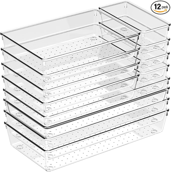12 Pack Large Drawer Organizer Bins - Clear Plastic Bathroom Drawer Organizer Trays - Heavy Duty Kitchen Drawer Dividers for Utensils - Non-Slip Storage Bins for Makeup, Bedroom, Office Desk