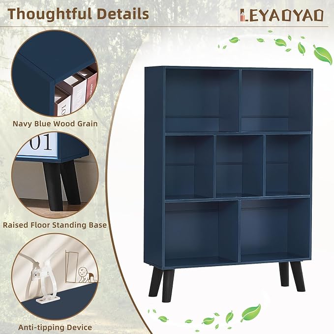 LEYAOYAO Cube Bookshelf, Mid-Century Modern Book Shelf with Legs, Dark Blue | 3 Tier Bookcase, Rustic Wood Bookshelves Freestanding Small Storage Organizer, Open Shelves for Bedroom, Living Room, Office