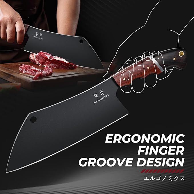 DRGSKL Meat Cleaver Knife 8 inch - Black Butcher Knife for Meat Cutting | Japanese ATS-34 Steel, Full Tang, Ergonomic Walnut Handle, Precision Cutting, Gift Box
