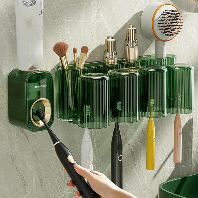 Toothbrush Rack Wall Mounted Toothbrush Holder Multifunctional Mouthwash Cup Brushing Cup Automatic Toothpaste Dispenser Squeeze Kit Bathroom Toothbrush Holder(C,Medium)