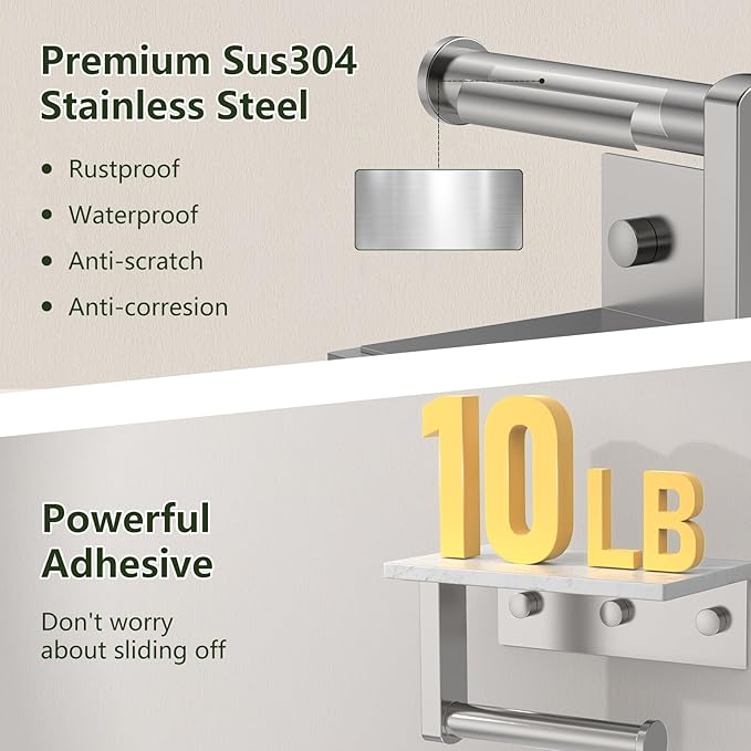 Marble Toilet Paper Holder with Shelf, Evolvegoods Brushed Nickel Bathroom Toilet Paper Holder Wall Mount, 304 Stainless Steel Modern Toilet Paper Roll Holder Storage Tissue Holder