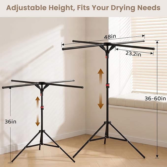Clothes Drying Rack Foldable, Height Adjustable | Stable Tripod Base, Rust-Resistant, Quick Fold Button, Fits 90°/180°/270° Corners, Space Saving