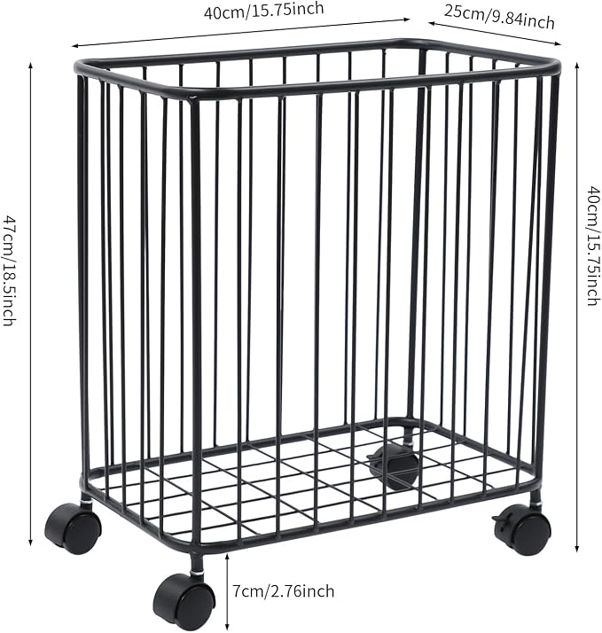 Rolling Laundry Basket with Wheels, Rectangular Metal Laundry Hamper, Large-size Dirty Clothes Basket, Versatile Portable Hollow-out Storage Basket for Home, 15.7"×9.8"×15.7" (Black-R)
