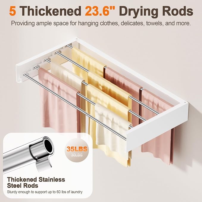 Wall Mounted Clothes Drying Rack Folding Indoor, Foldable Laundry Drying Rack Collapsible, Space Saving, Retractable Towel Drying Rack, with Wall Template(5 Drying Rods, White 23.6")