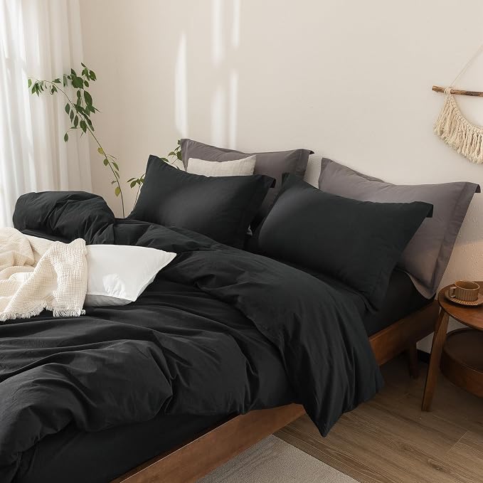 Black Duvet Cover King Size 100% Washed Cotton Bedding Set Cover 1 Duvet Cover with Zipper Closure and 2 Pillowcases, 104inch x 90inch