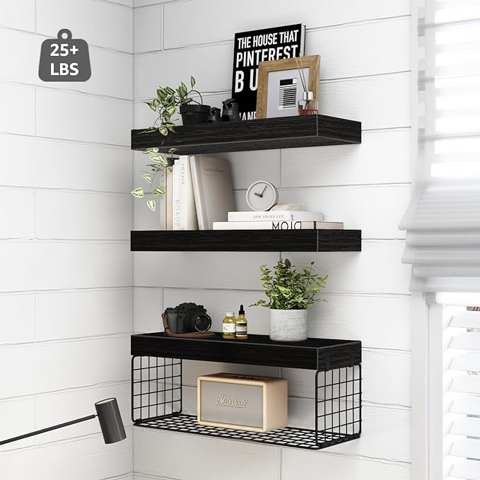 QEEIG Bathroom Shelves Over Toilet - Wall Mounted Floating Shelves Toilet Paper Storage Small Farmhouse Decor Shelf 16 inch Set of 3, Black (019-B3)