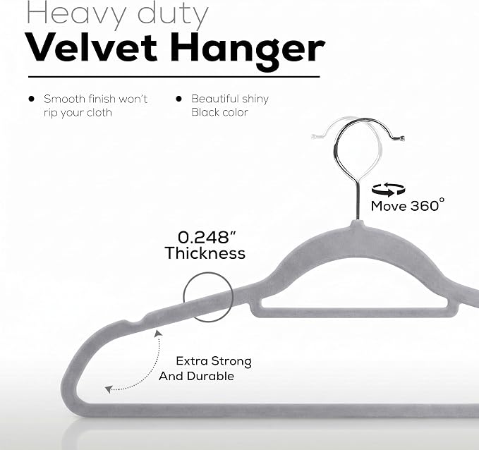 Utopia Home Velvet Hangers 50 Pack – Premium Hangers with Tie Bar - Grey | Non-Slip Slim Clothes & Coat Hangers with Tie Bar, Space-Saving Heavy Duty Design, 360° Swivel Hook