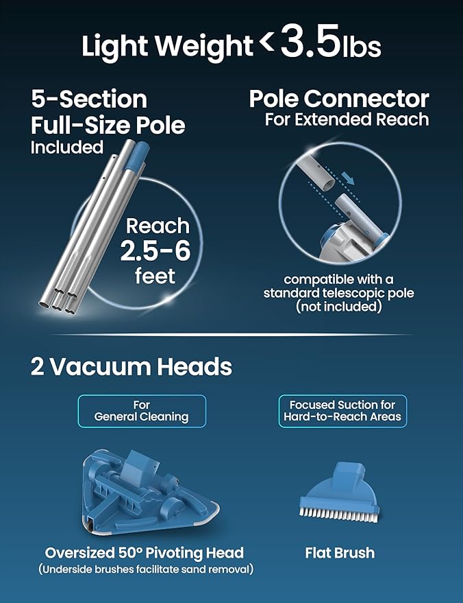 KOKIDO Rechargeable Cordless Pool Vacuum for Above Ground Pool and Pond Cleaner, 72” Aluminum Pole, Standard & Fine Filters, 2 Brush Vac Heads, Handheld Pool Cleaner Spot Clean Inground Pools XV320
