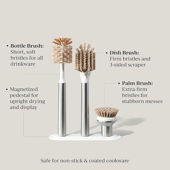 Curio Home Goods Ionic Brush Set, Magnetized to Stand Upright, Stainless Steel with Replaceable Heads, Silver
