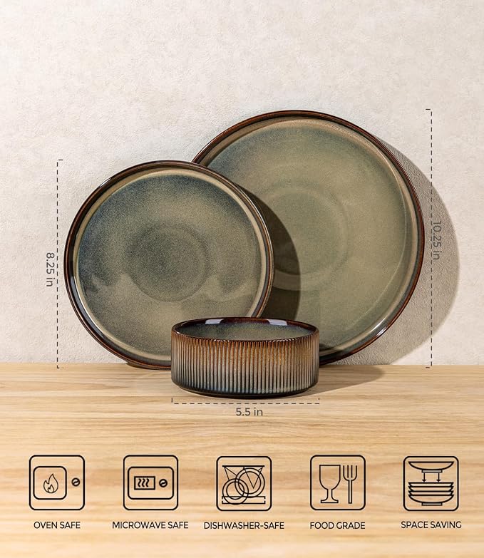 TheTerra Ceramic Dinnerware Sets for 8, 24 Pieces Porcelain Lightweight Plates and Bowls Sets, Scratch Resistant Dish Set, Oven & Microwave & Dishwasher Safe, Brown