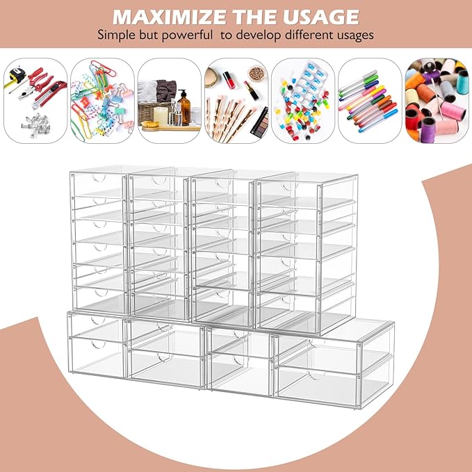 caktraie 2 Pack Desk Organizers, Makeup Organizer Storage with 7 Drawers, Desktop Office Supplies, Clear Desk Accessories, Dustproof Drawer Organizer and Storage for Make Up, Jewelry, Pen