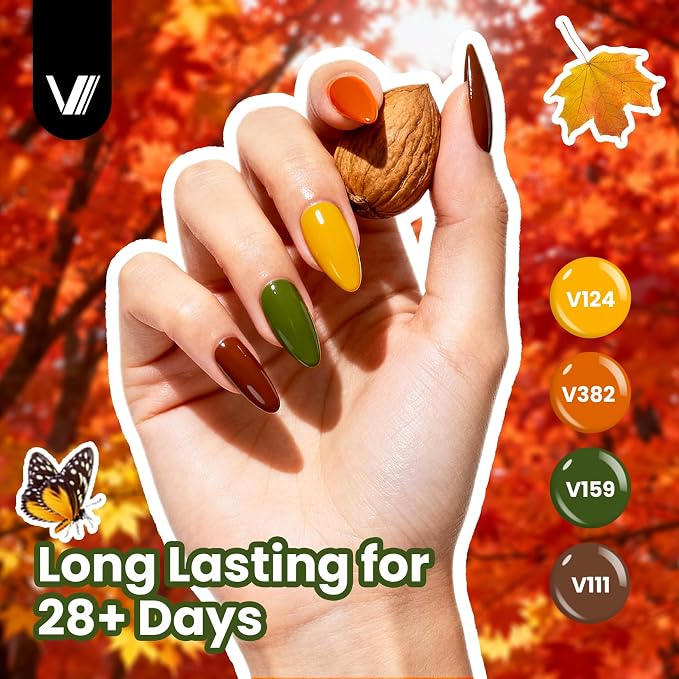 VANREESA 24 Pcs Fall Gel Nail Polish Set -Fall Colors Gel Polish with Base Coat & 4 Effects of Top Coat Orange Yellow Red Green Purple Brown Gel Polish Set Nail Kit Gifts for Women Girls DIY at Home