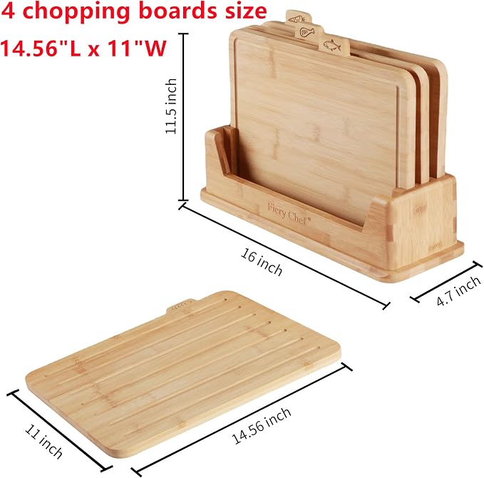 4 Piece Bamboo Cutting Boards with Food Icons & Stand, 14.56"L x 11"W | Thick & Durable, Deep Juice Groove, Non Toxic Real Wood, knife-friendly, Chopping Boards Set of 4 with Sturdy Holder