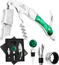 Wine Bottle Opener Set - Professional Waiters Corkscrew Wine Opener, Wine Aerator Pourer Spout, Wine Bottle Stopper, Wine Collar Drip Ring. 4-Piece Wine Accessories Gift Set
