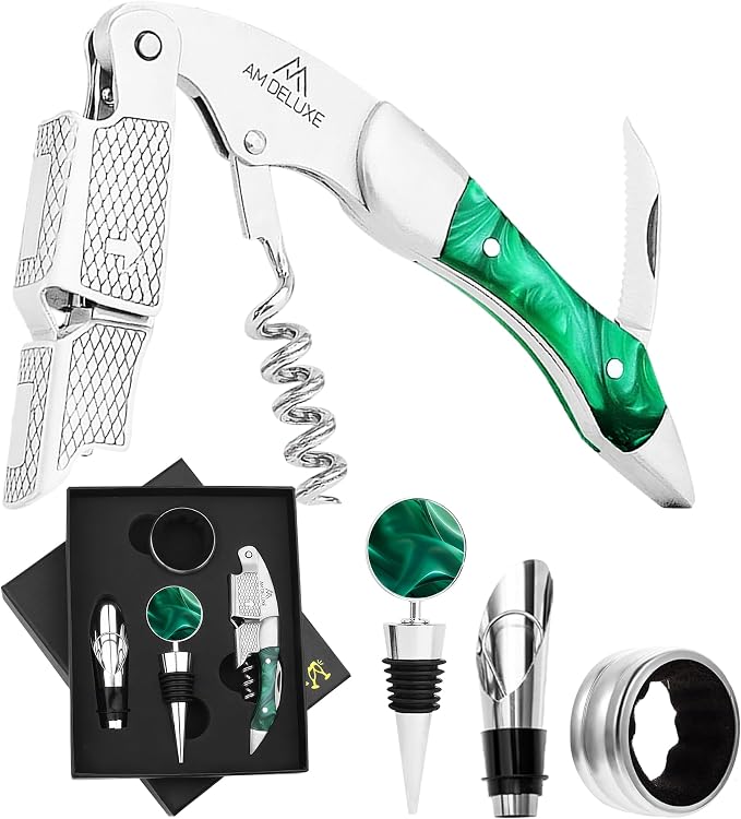 Wine Bottle Opener Set - Professional Waiters Corkscrew Wine Opener, Wine Aerator Pourer Spout, Wine Bottle Stopper, Wine Collar Drip Ring. 4-Piece Wine Accessories Gift Set