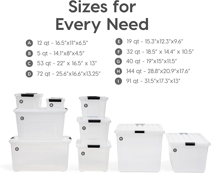 IRIS USA 72 QT Plastic Storage Box with Lid and Latches - 4 Pack - BPA-Free, See-Through Organizing Solution, Durable Nestable Stackable Containers, Secure Pull Handle - Clear