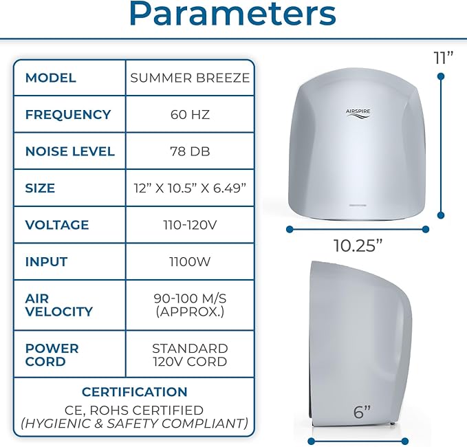 Electric Hand Dryer for Commercial Bathrooms & Home Use (110-120V) - Energy Efficient 1100W Automatic Hand Dryer - HEPA Air Filtration, UV Protection - Wall Mounted, 78 dB - Warm Air (Silver)