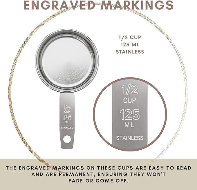 1/2 Cup Stainless Steel Measuring Cup | Sturdy Metal 125 ml | 125 cc | 4 oz | Single Cup for Wet and Dry Ingredients | Great for use as 1/2 Cup Dog Food Scoop - 4 PK