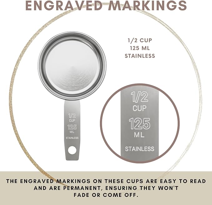 1/2 Cup Stainless Steel Measuring Cup | Sturdy Metal 125 ml | 125 cc | 4 oz | Single Cup for Wet and Dry Ingredients | Great for use as 1/2 Cup Dog Food Scoop - 12 PK