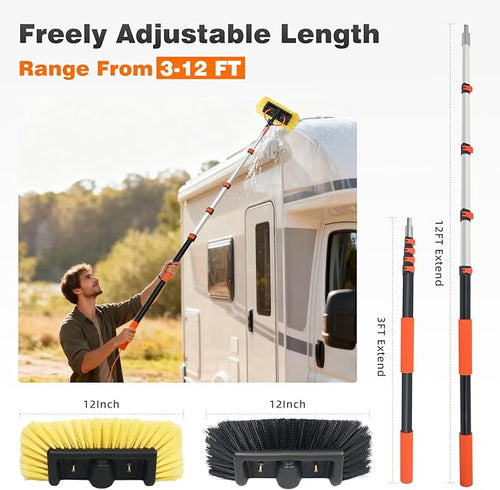 12FT Car Wash Brush with Long Handle, Car Cleaning Brush with 12"Soft Bristle and Hard Bristle, 3-12FT Telescopic Pole with Hose Attachment for Scratch-Free Cleaning Truck,RV,Boat,Siding,Solar Panels