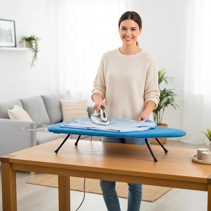 Metal Mesh Panel Tabletop Ironing Board | Foldable Iron Board | Heavy Duty Small Iron Board with Heat Resistant Cover and 100% Cotton 8mm Thicken Pad (Blue)