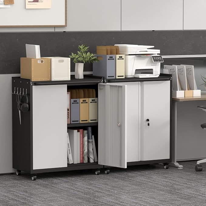 GREATMEET Garage Storage Cabinet with Wheels, Lockable Metal Storage Cabinet, Rolling Tool Cabinet with Adjustable Shelf, Push Handle for Shop, Home, Office, Black/Grey