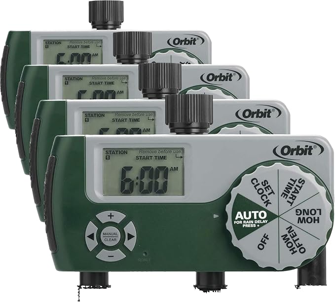 Orbit Programmable Digital Hose Watering Timer - 3 Outlet - Battery Powered - with LCD Screen - Built-in Rain Delay - Water-Resistant - 56082 (Pack of 4)