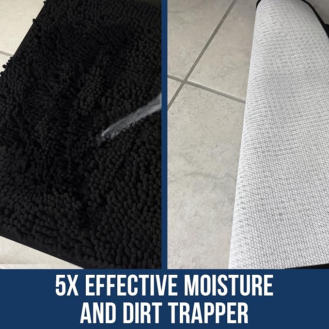 Muddy Mat® | Chenille Bathroom Rugs Quick Dry Microfiber Mats Non Slip Washable, Extra Thick, Soft and Highly Absorbent Bath Mats for Bathroom, Kitchen, and Shower Floor - Black 24"x59"